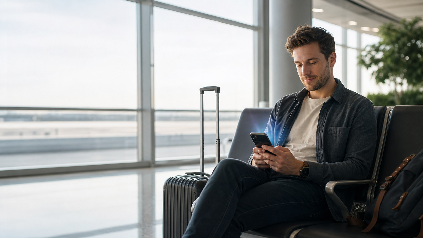 Illustration of a traveler setting up a Korea eSIM at an airport before departure